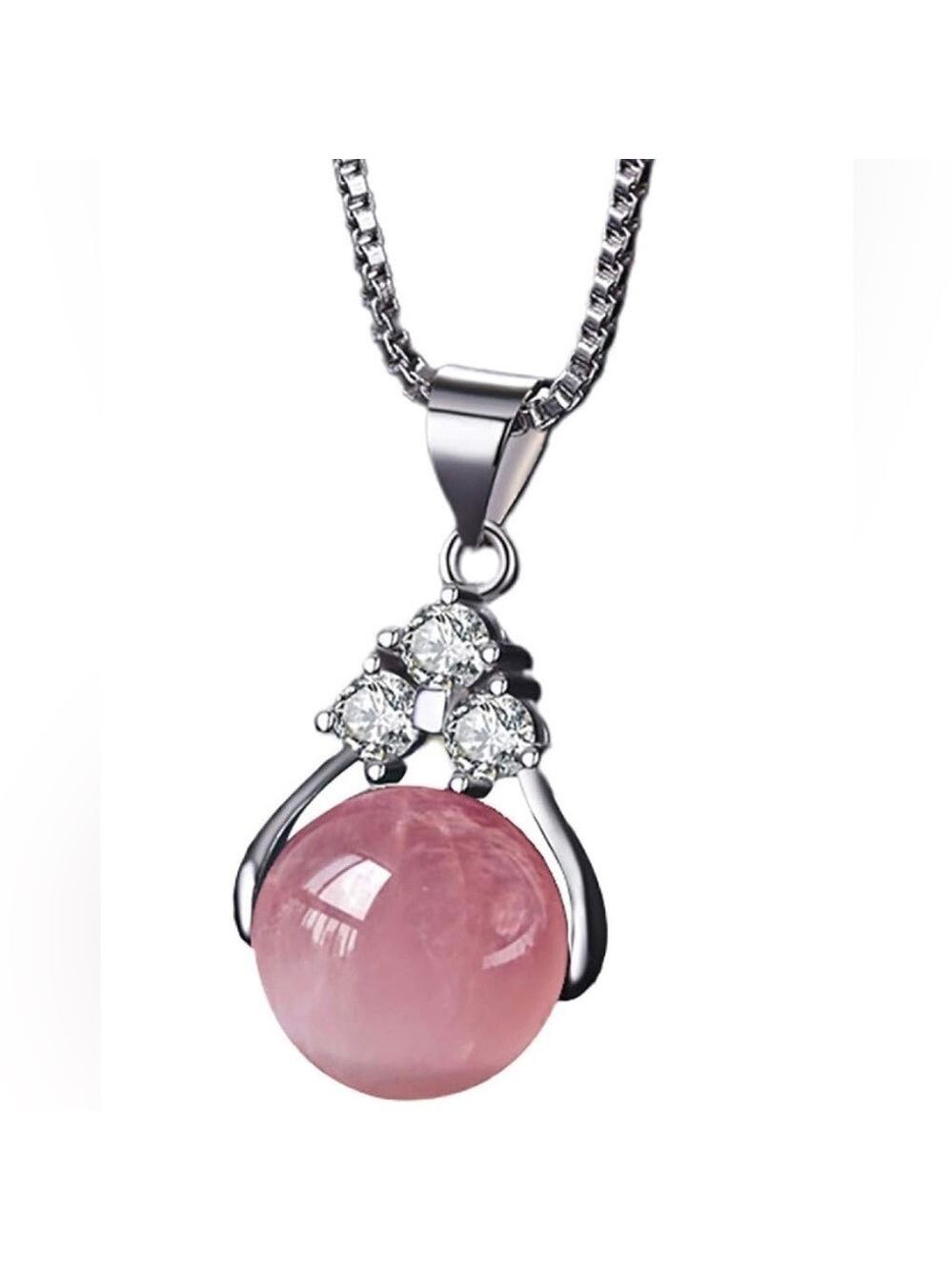 Silver Tone Chain Necklace Pink Stone Rhinestone Accents